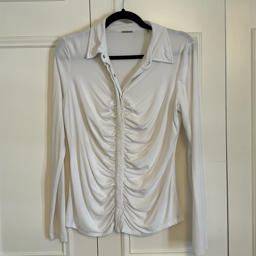 Elie Tahari white knit collared button down.